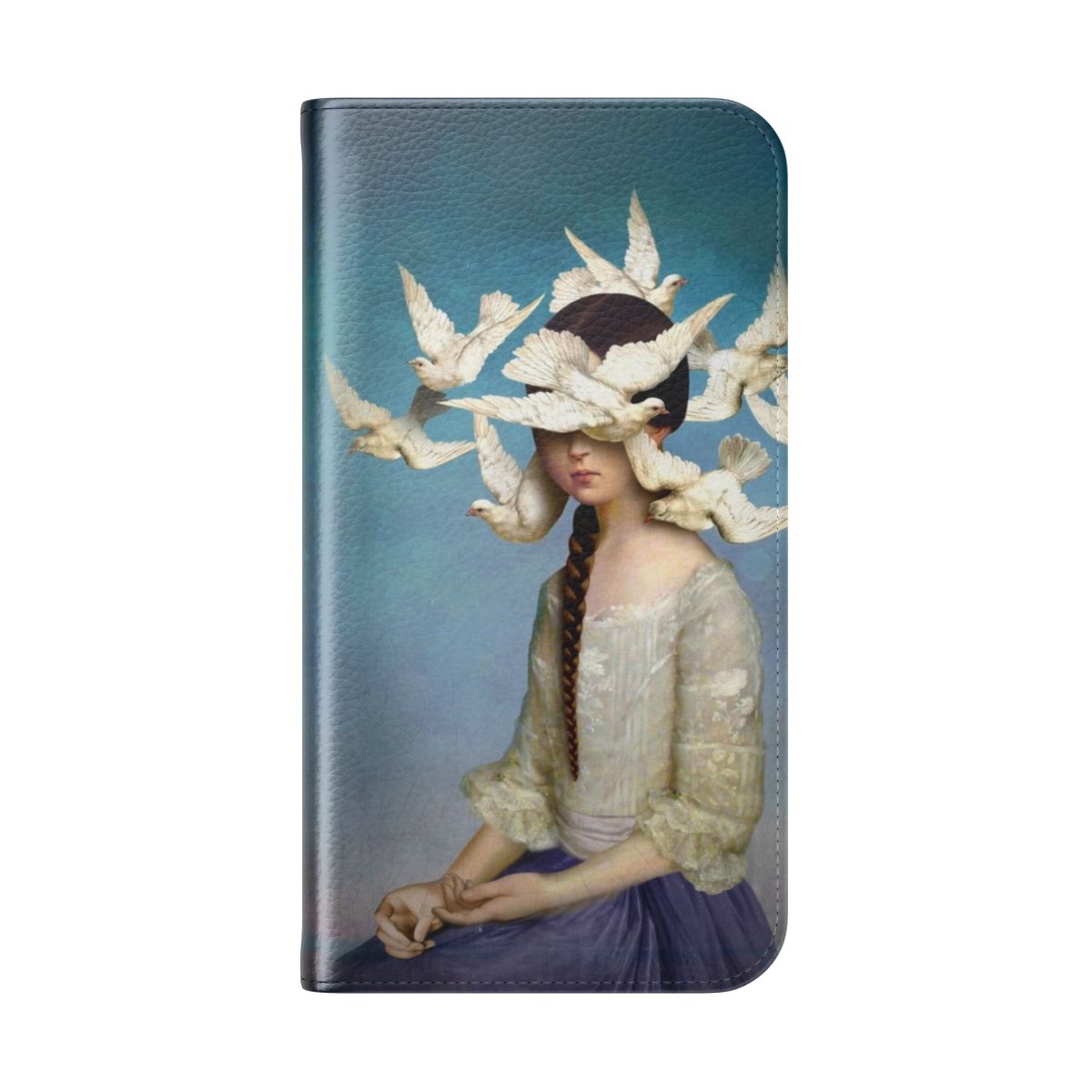 Flip cover phone case featuring a surreal portrait with birds and a dove in a dreamlike, fantasy-inspired design. - Folded Back