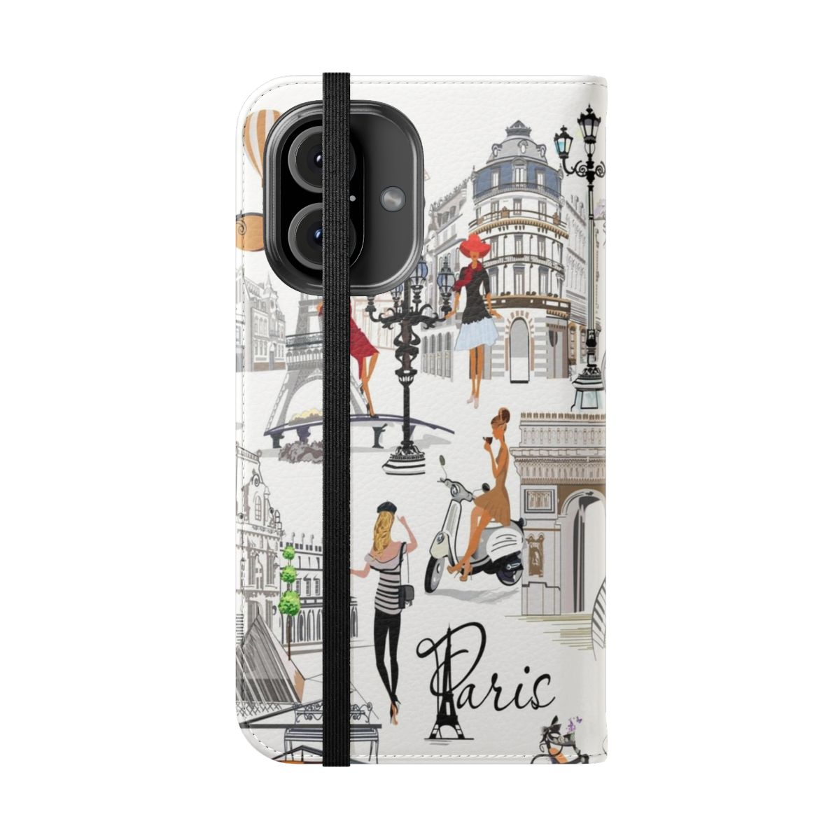 Parisian-Inspired Flip Cover Phone Case featuring the Eiffel Tower, flowers, and chic fashion elements. - Folded Front