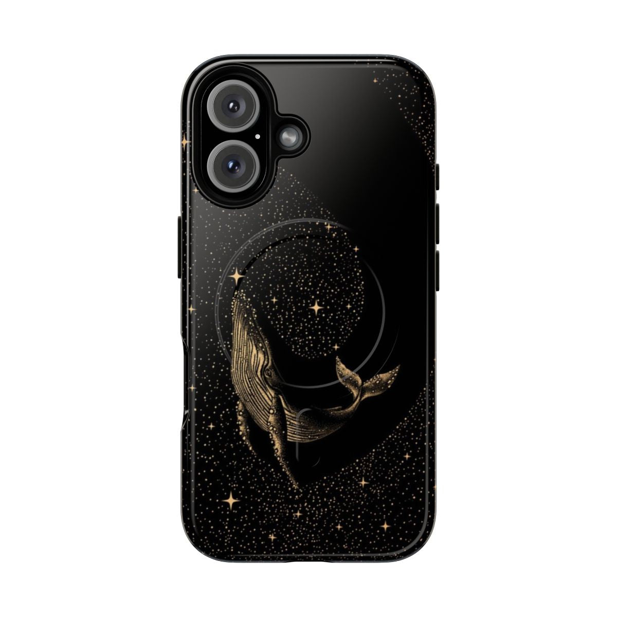 A surrealist phone case featuring a golden whale swimming among the stars and galaxies.