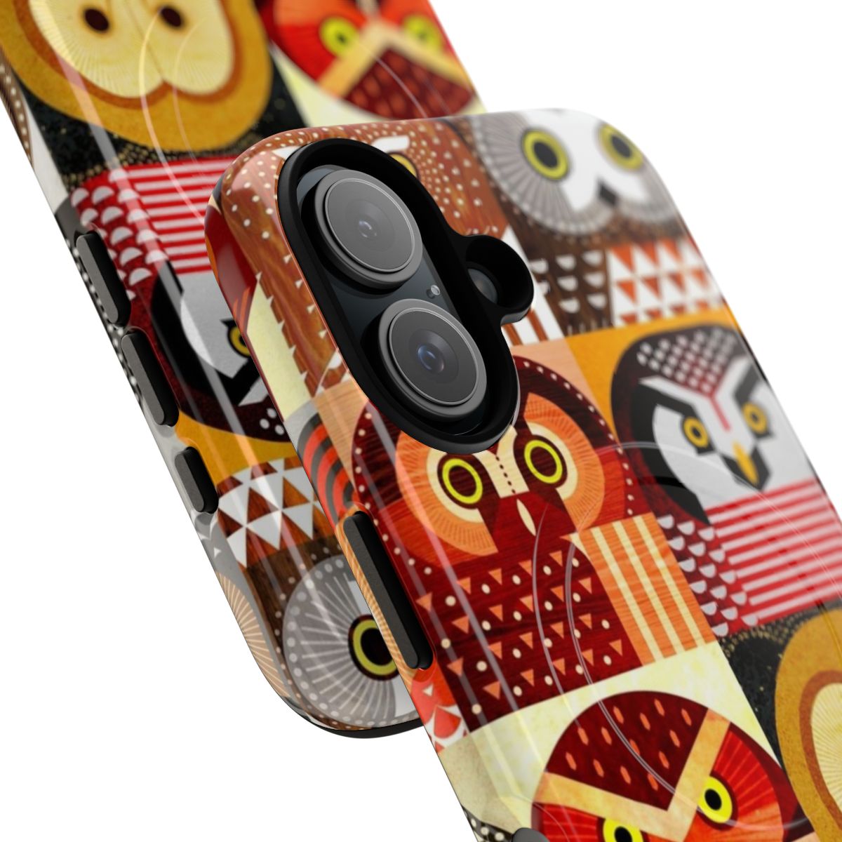 Artistic illustration of various North American owl species on a protective phone case - Detail