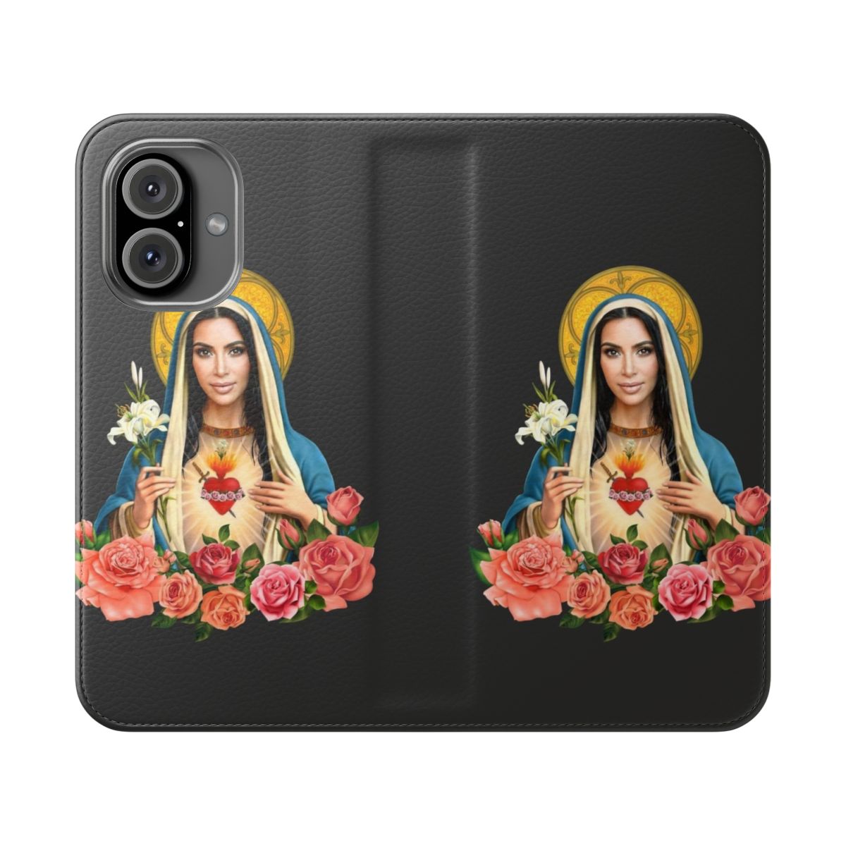 Stylish flip cover phone case featuring a Virgin Mary design inspired by the Kardashian family.