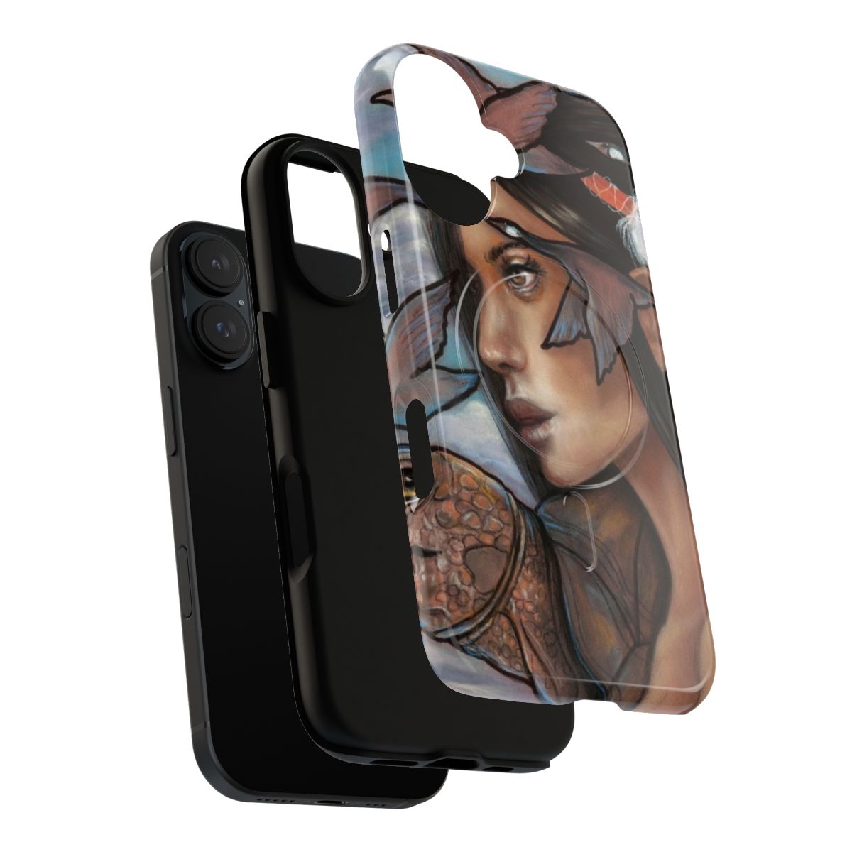 Artistic phone case featuring a surreal portrait of the Iroquois Sky Woman goddess with feathers, turtles, and geese. - Layers