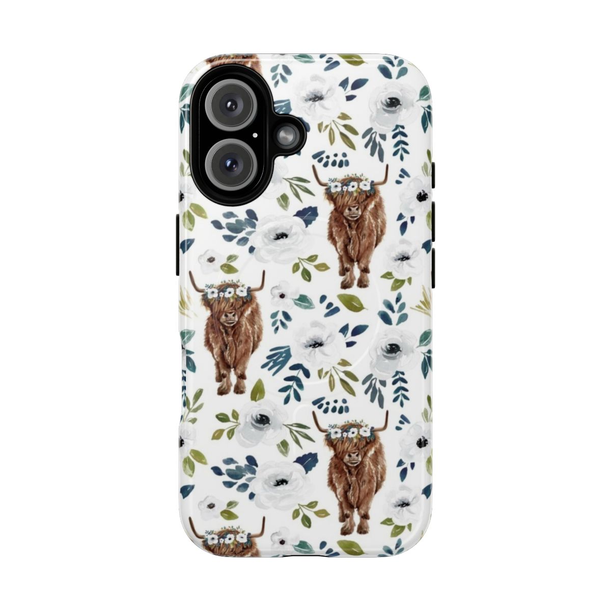 A stylish magnetic phone case featuring a painting of a highland cow adorned with a floral crown set against a backdrop of colorful flowers.