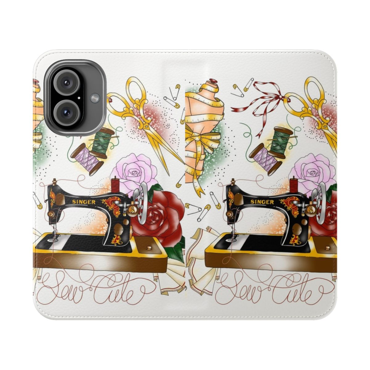 Vintage-inspired flip cover phone case with sewing-themed design, including a mannequin, scissors, and other ornate elements in a gold and white color scheme.