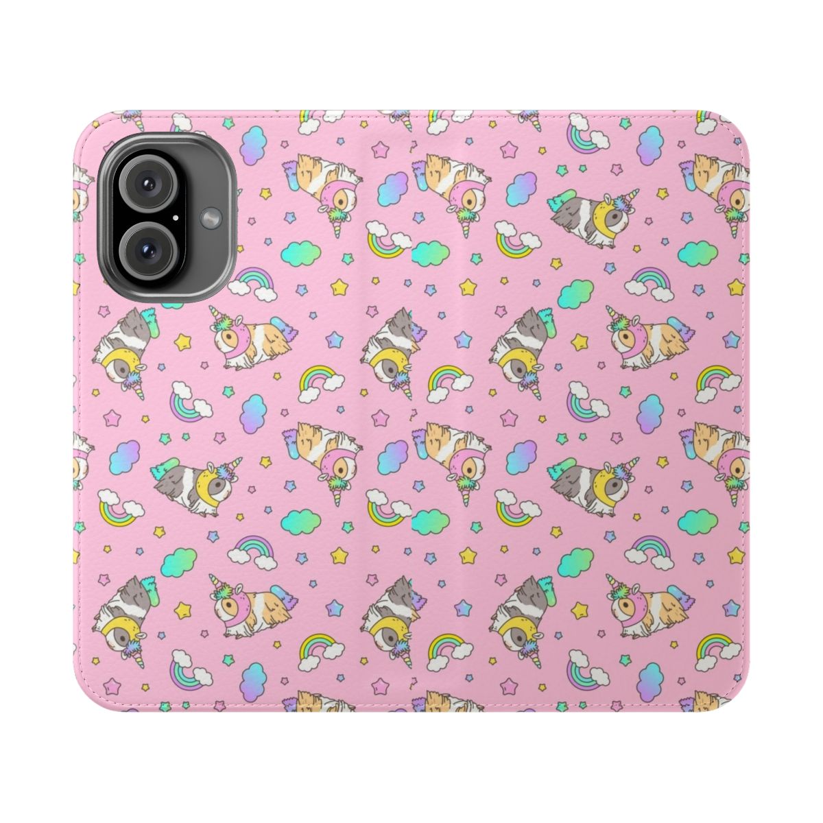 A pink flip phone case featuring a kawaii pink and rainbow guinea pig pattern design.