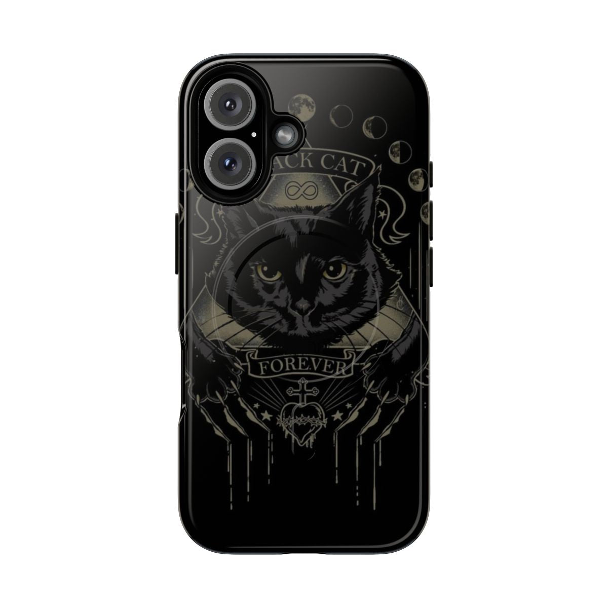 Black cat themed phone case with occult and witchy design elements