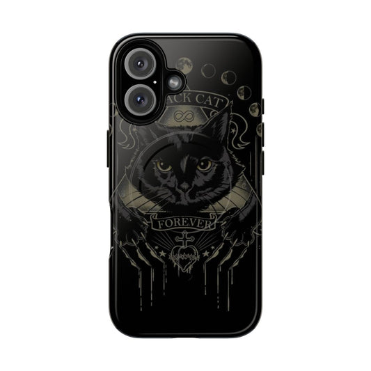 Black cat themed phone case with occult and witchy design elements