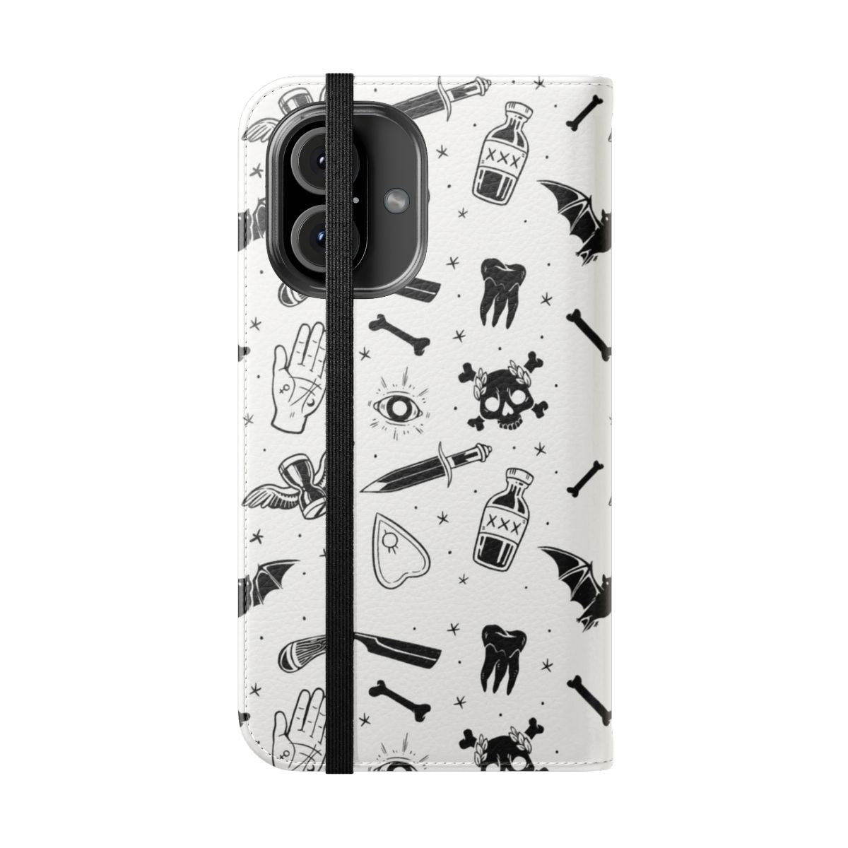 Detailed phone case featuring a macabre, gothic design with skulls, bats, and occult symbols in a dark, spooky style. - Folded Front