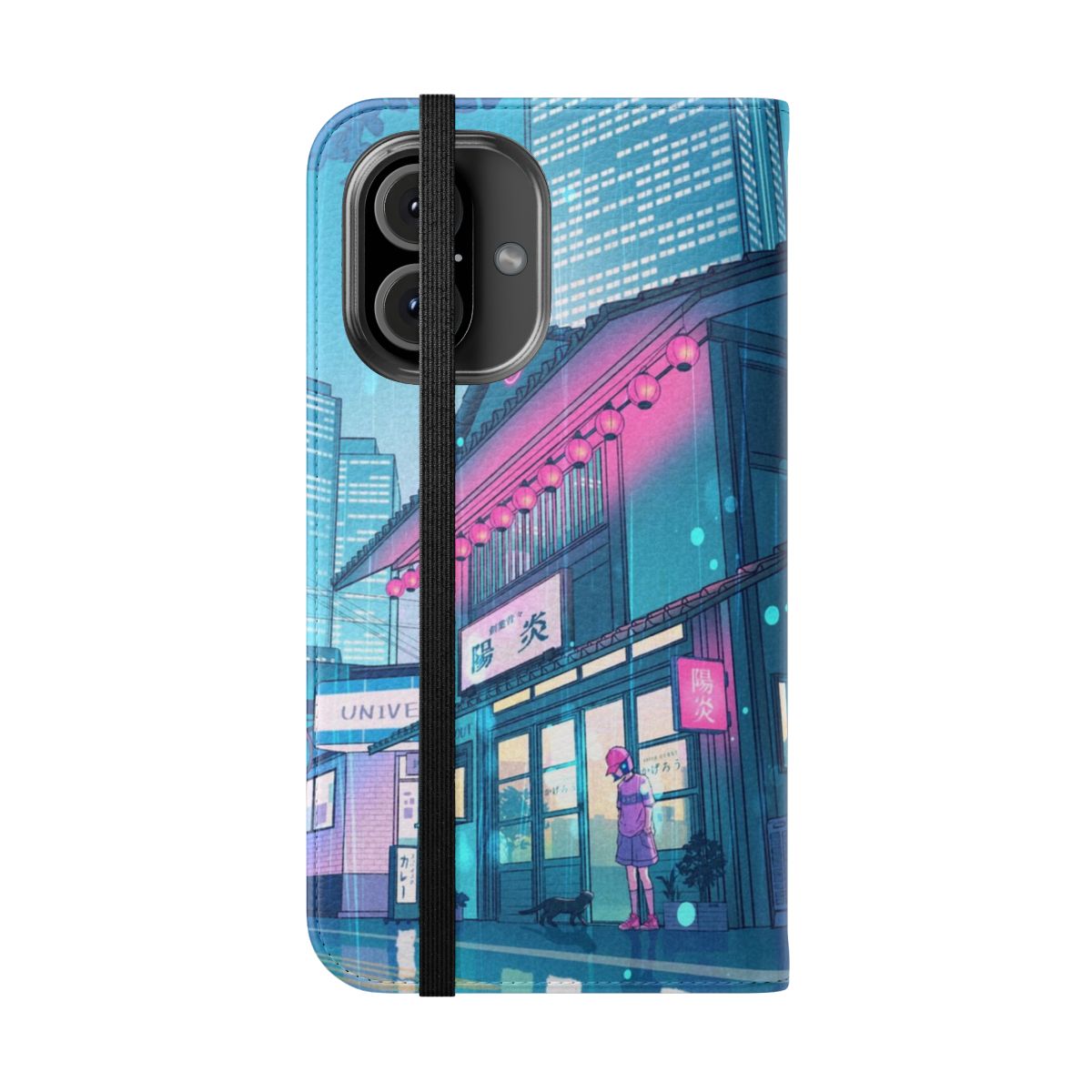 Retro cyberpunk-inspired flip phone case with kawaii anime girl and city night design - Folded Front