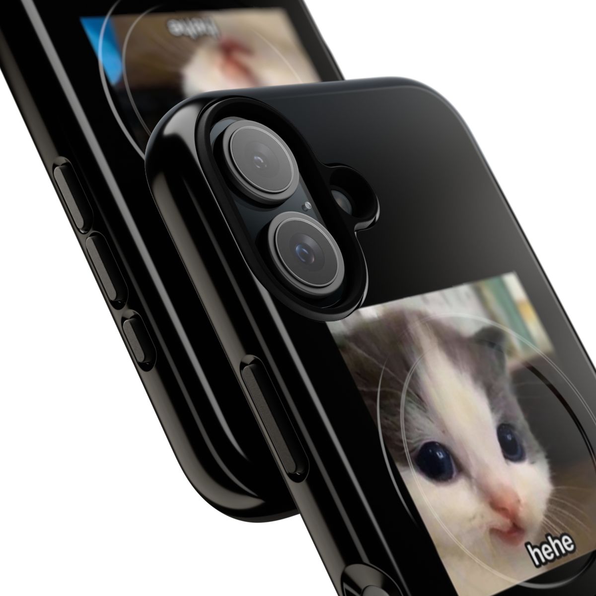 Smartphone case featuring a playful, smiling kitten meme design - Detail