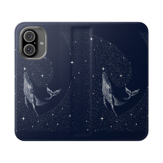 Starry night-inspired phone case with a humpback whale swimming amongst the stars and galaxies