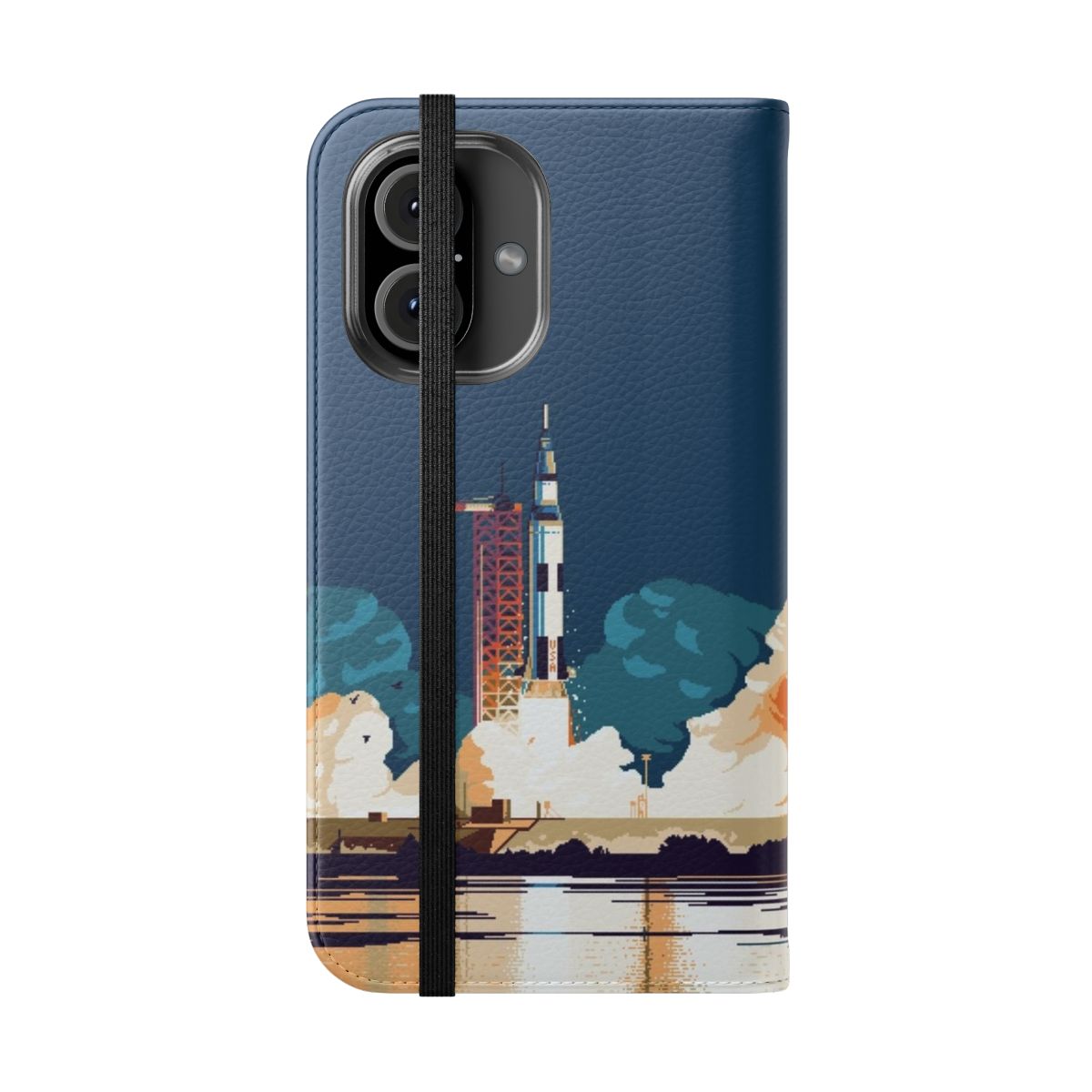 Pixel art phone case featuring an illustration of the Apollo 11 launch and spacecraft - Folded Front