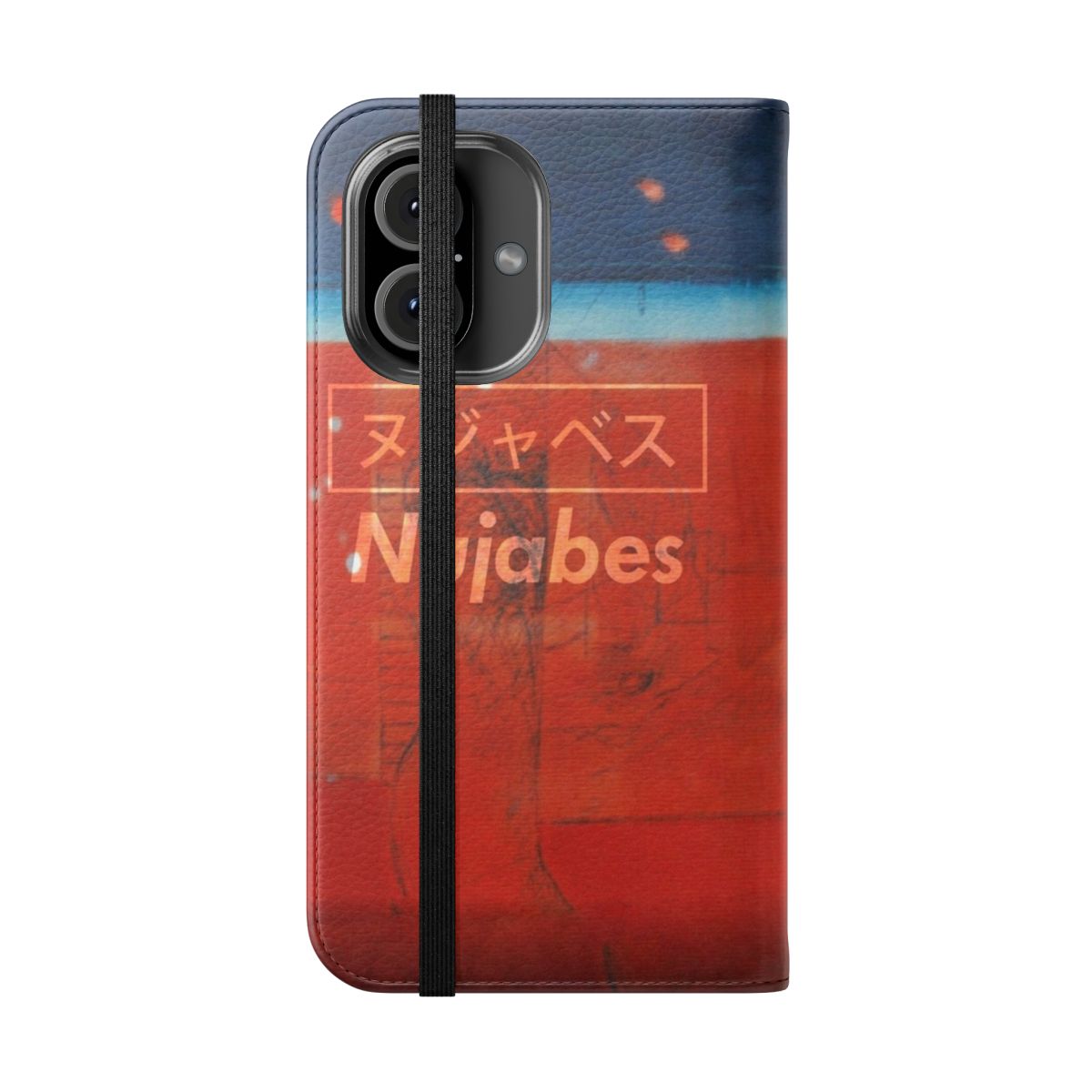 A stylish flip cover phone case featuring Japanese-inspired artwork and elements from the Nujabes album "Modal Soul". - Folded Front