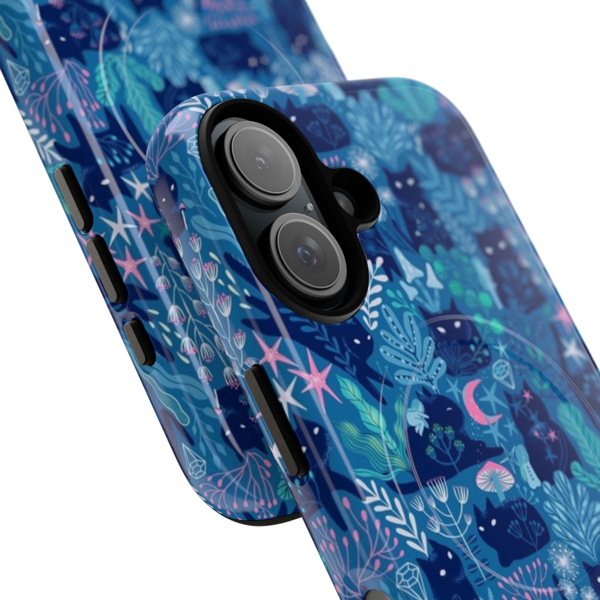 A whimsical phone case featuring a cat with fairy friends in a magical forest at night. - Detail