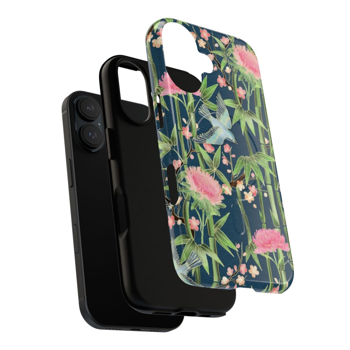 Bamboo, birds, and blossoms in a Japanese-inspired floral pattern on a teal phone case - Layers