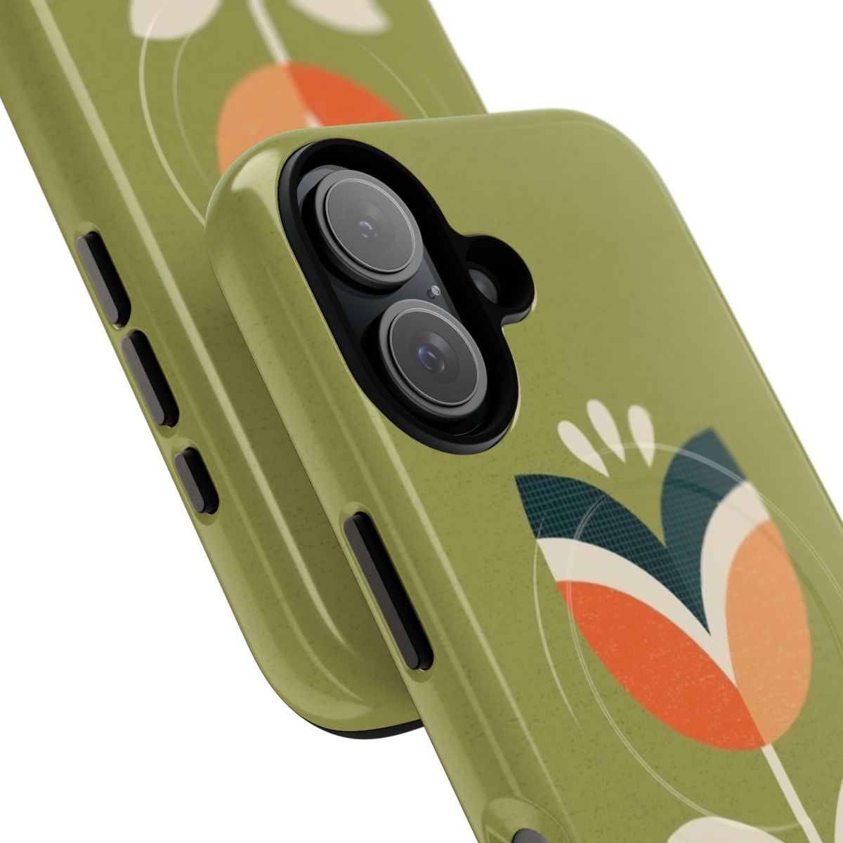 Retro floral tulip phone case in orange and olive green - Detail