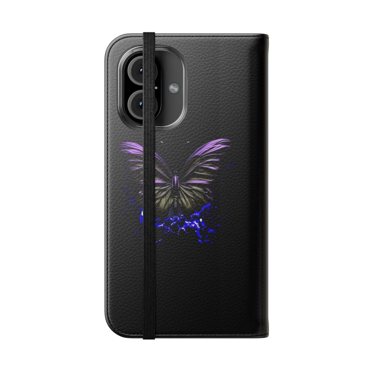 Flip phone case with a vibrant blue and purple butterfly design - Folded Front