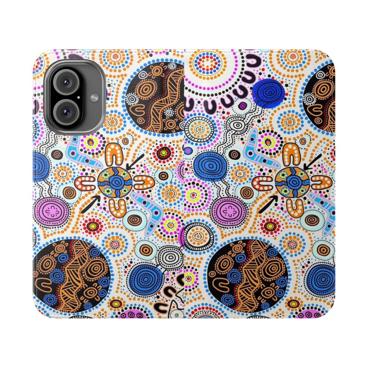 Flip cover phone case featuring authentic indigenous Australian artwork and design