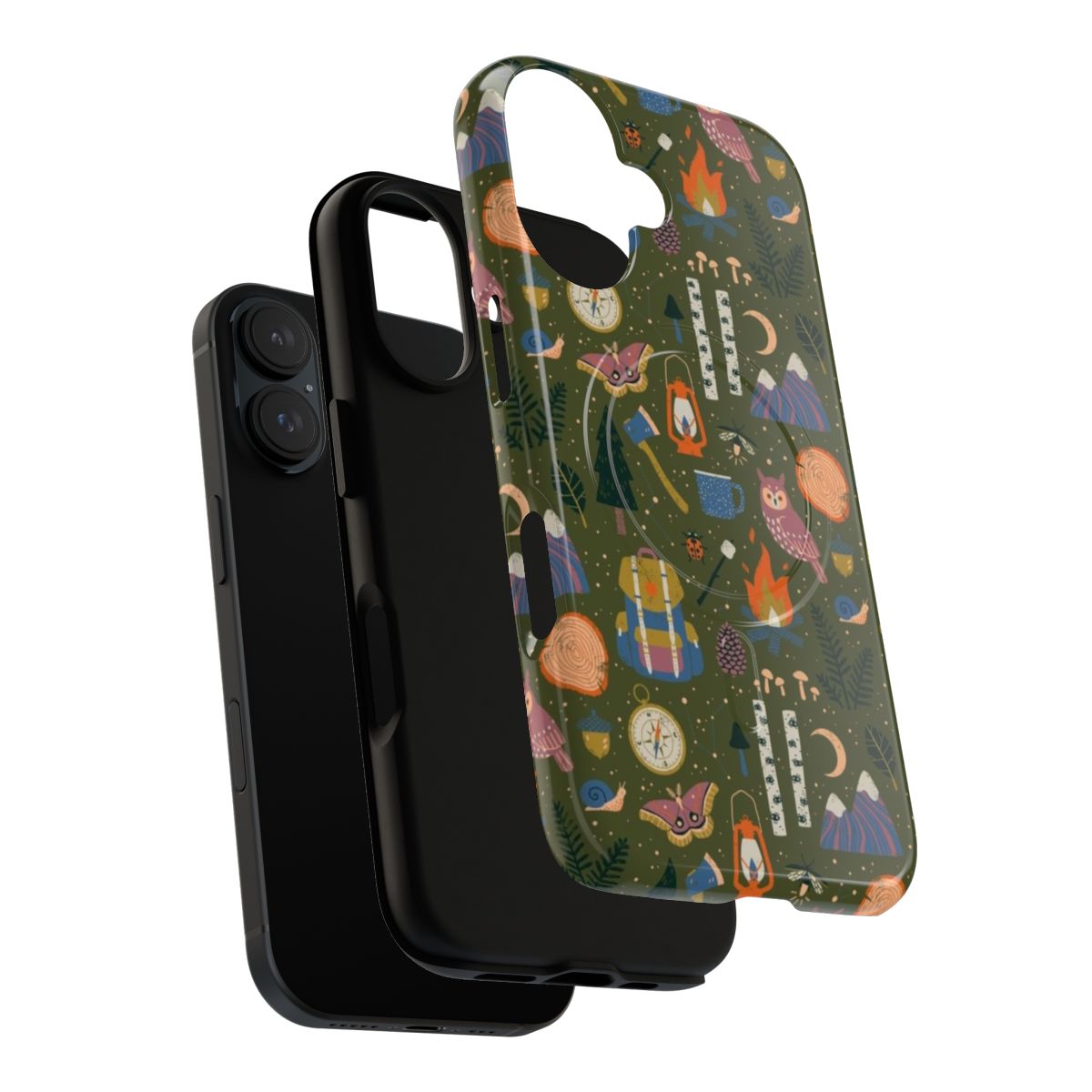 Magnetic phone case with a forest, campfire, and nocturnal wildlife design - Layers