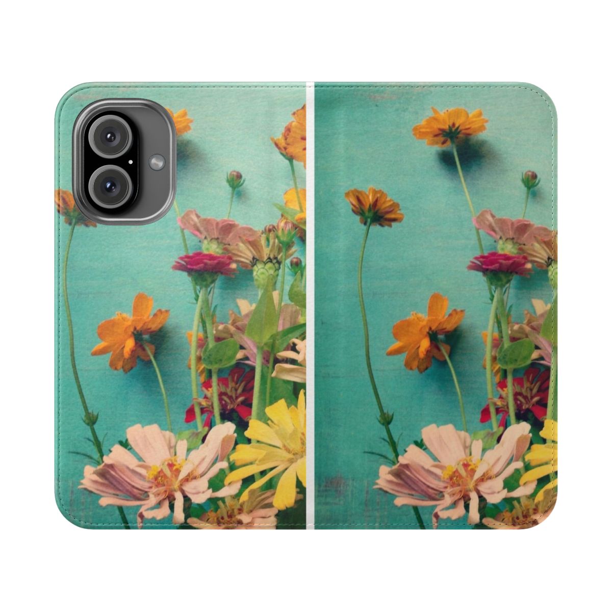 Floral phone case with vintage botanical design featuring cosmos and zinnia flowers in shades of blue and orange