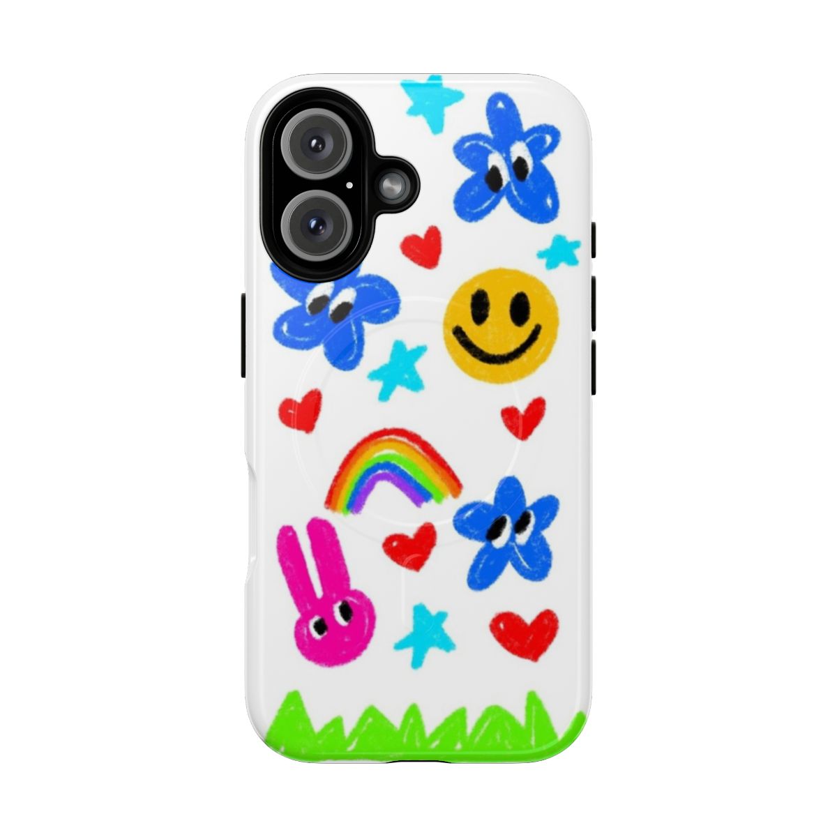 Vibrant doodle-inspired phone case with rainbow, hearts, and smiley face designs