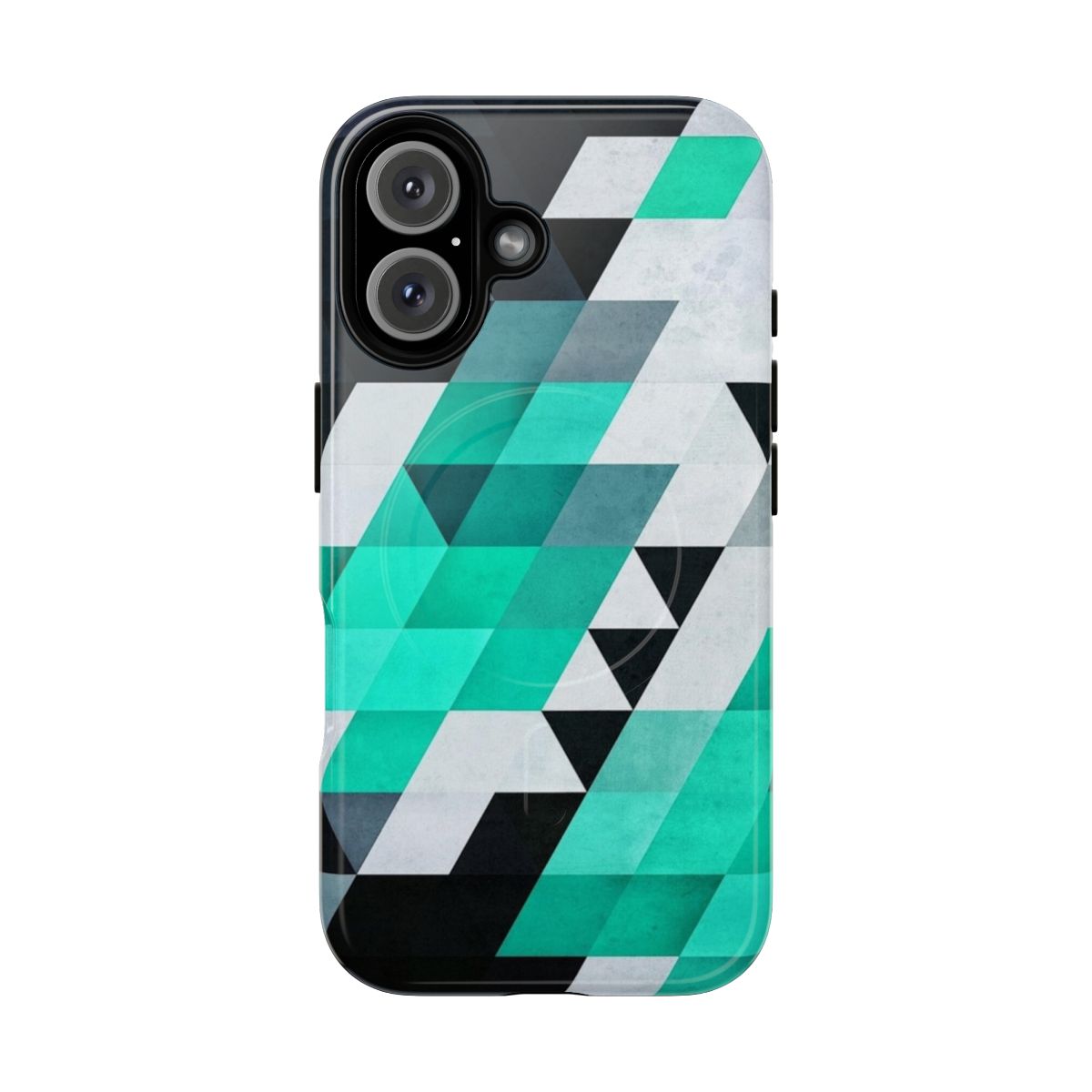 Geometric pattern phone case in teal, white, and black colors with an abstract, isometric design