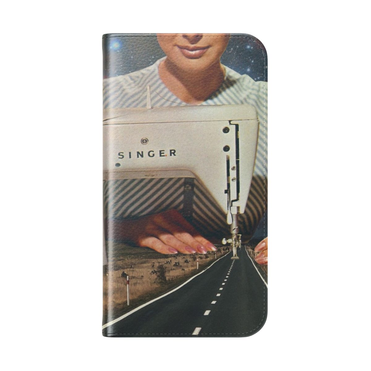 Surreal collage phone case featuring a sewing machine, road, and cosmic elements. - Folded Back