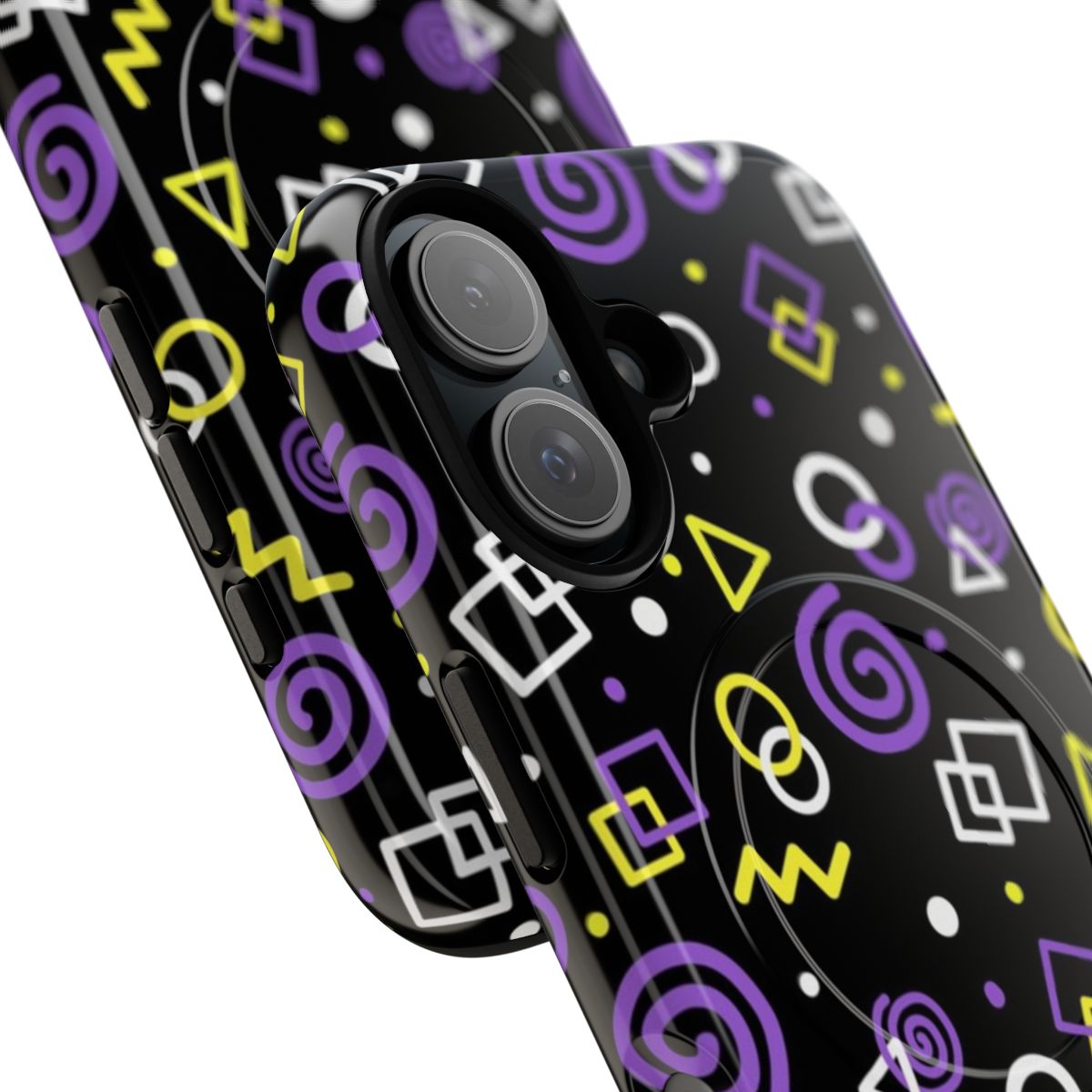 Nonbinary pride phone case with a vibrant arcade-inspired carpet design - Detail