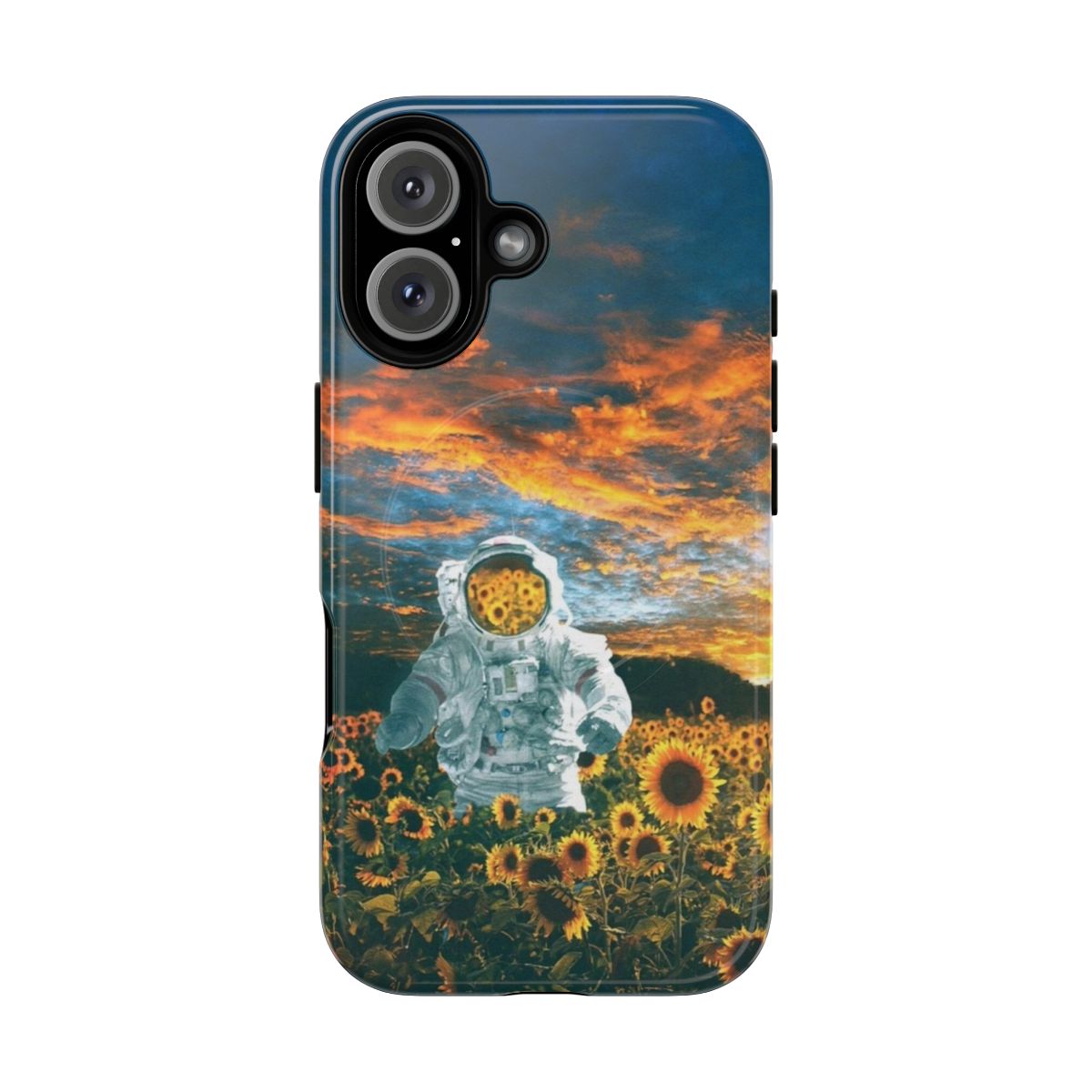 Magnetic tough phone case featuring a space-themed design with an astronaut, sunflowers, and a starry galaxy.