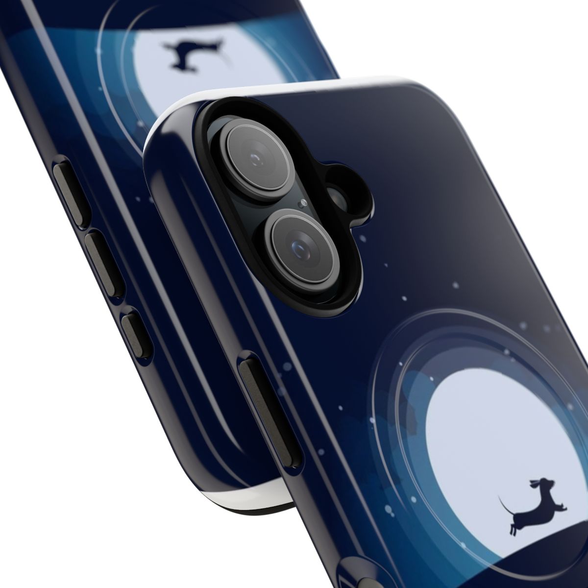 A tough phone case featuring a dachshund design on a moon background. - Detail