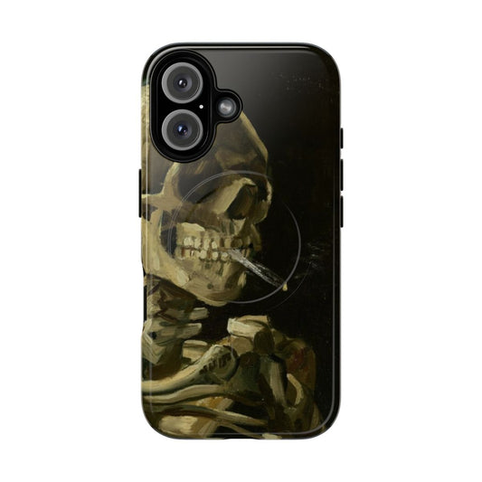 Phone case with a dark, artistic design featuring a skeleton smoking a cigarette in the style of Van Gogh.