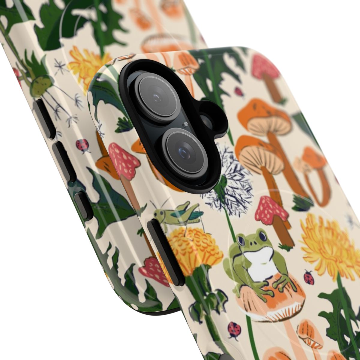 Magnetic tough phone case featuring a vibrant pattern with frogs, grasshoppers, ladybugs, mushrooms, and dandelions in a forest setting. - Detail