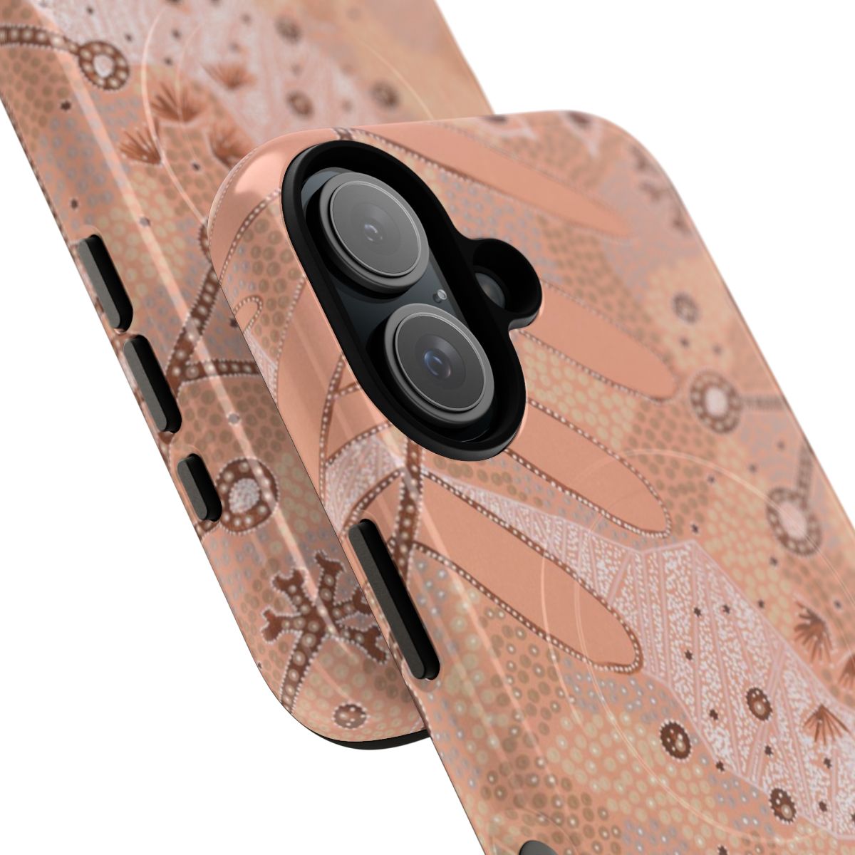 Colorful phone case featuring abstract dot painting inspired by Wiradjuri aboriginal art - Detail