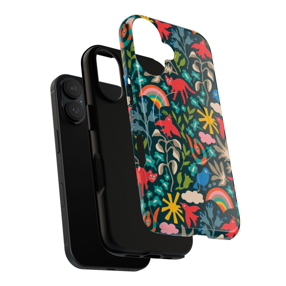 Colorful phone case featuring a nature-inspired pattern with birds, animals, and flowers on a dark teal background. - Layers