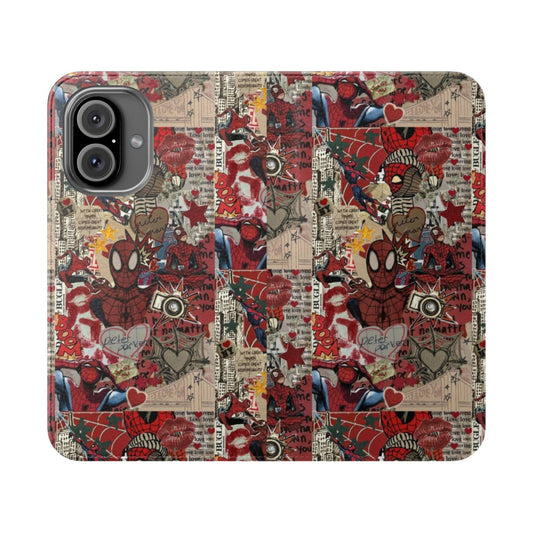 Custom collage flip cover phone case featuring Spider-Man and Peter Parker