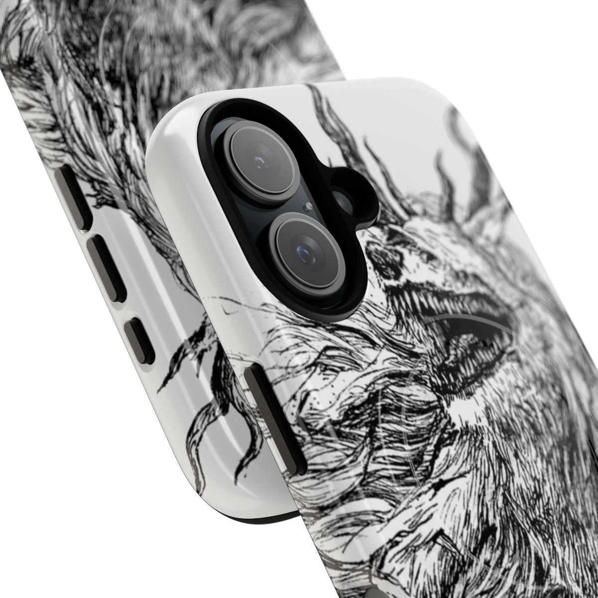 Magnetic tough phone case featuring a white and black graphic design inspired by the monsters and landscapes of Bloodborne and Dark Souls video games. - Detail