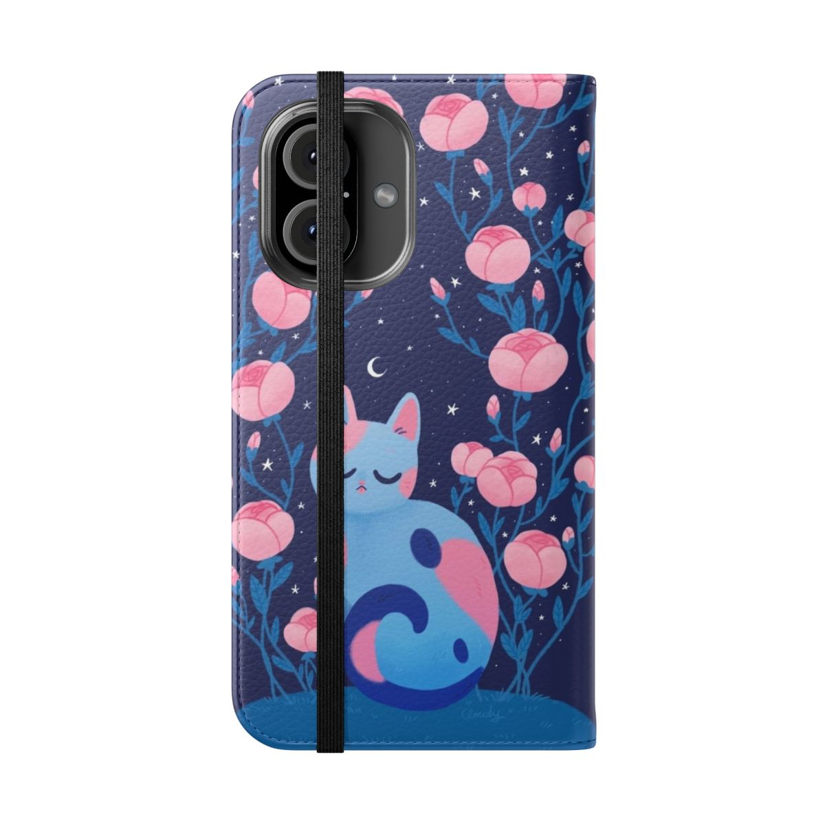 A colorful floral phone case featuring a playful peony-themed design with a cute cat illustration. - Folded Front