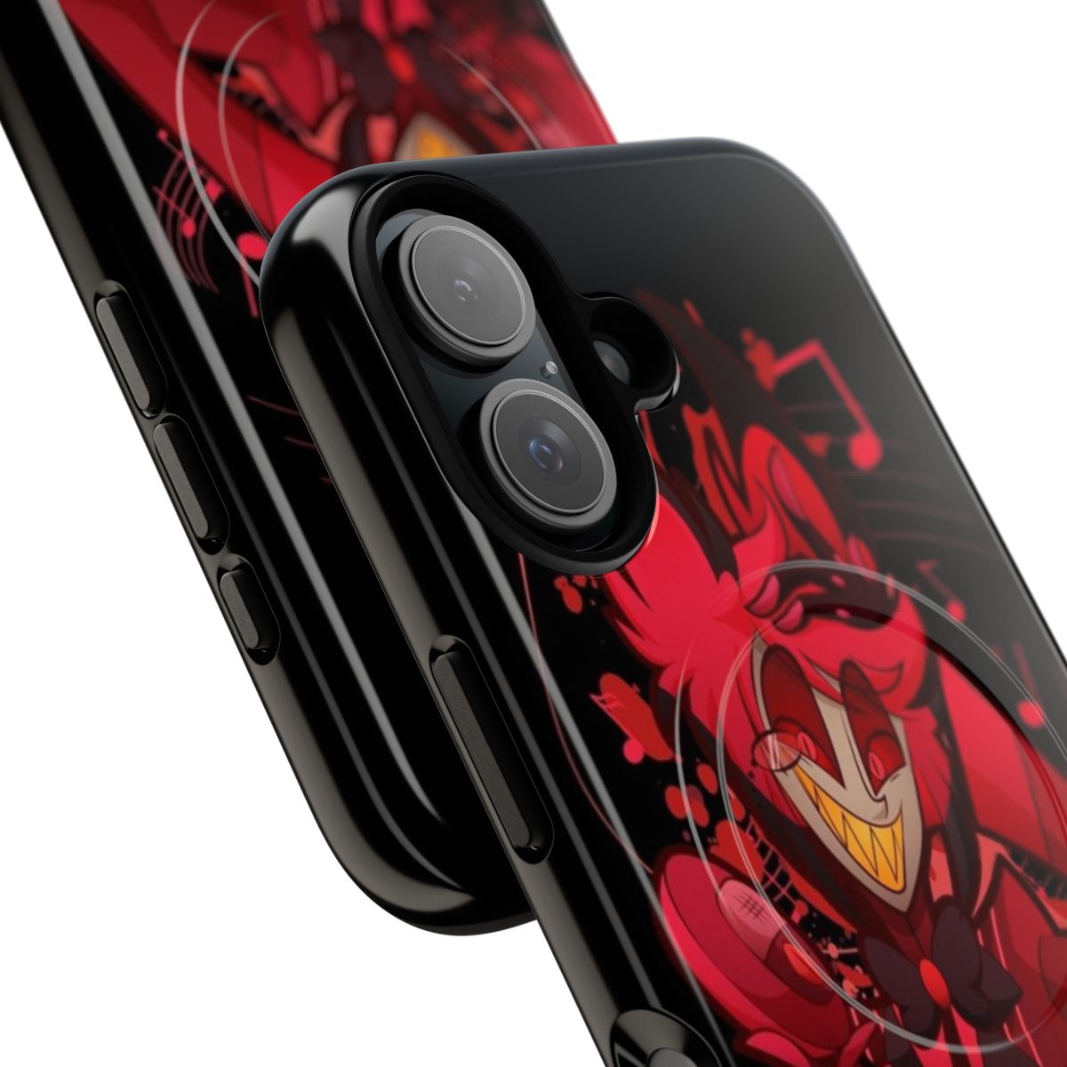 Magnetic tough phone case with red and demonic design inspired by Alastor the Radio Demon from the Hazbin Hotel series. - Detail