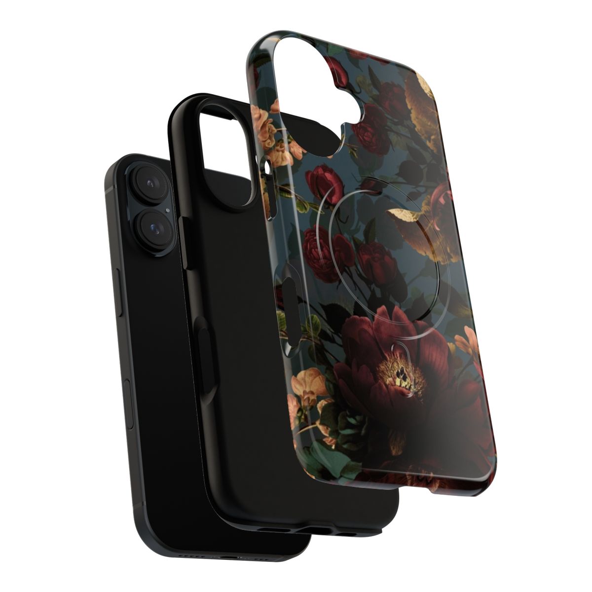 Magnetic tough phone case with a moody, mystical floral botanical pattern in dark colors. - Layers