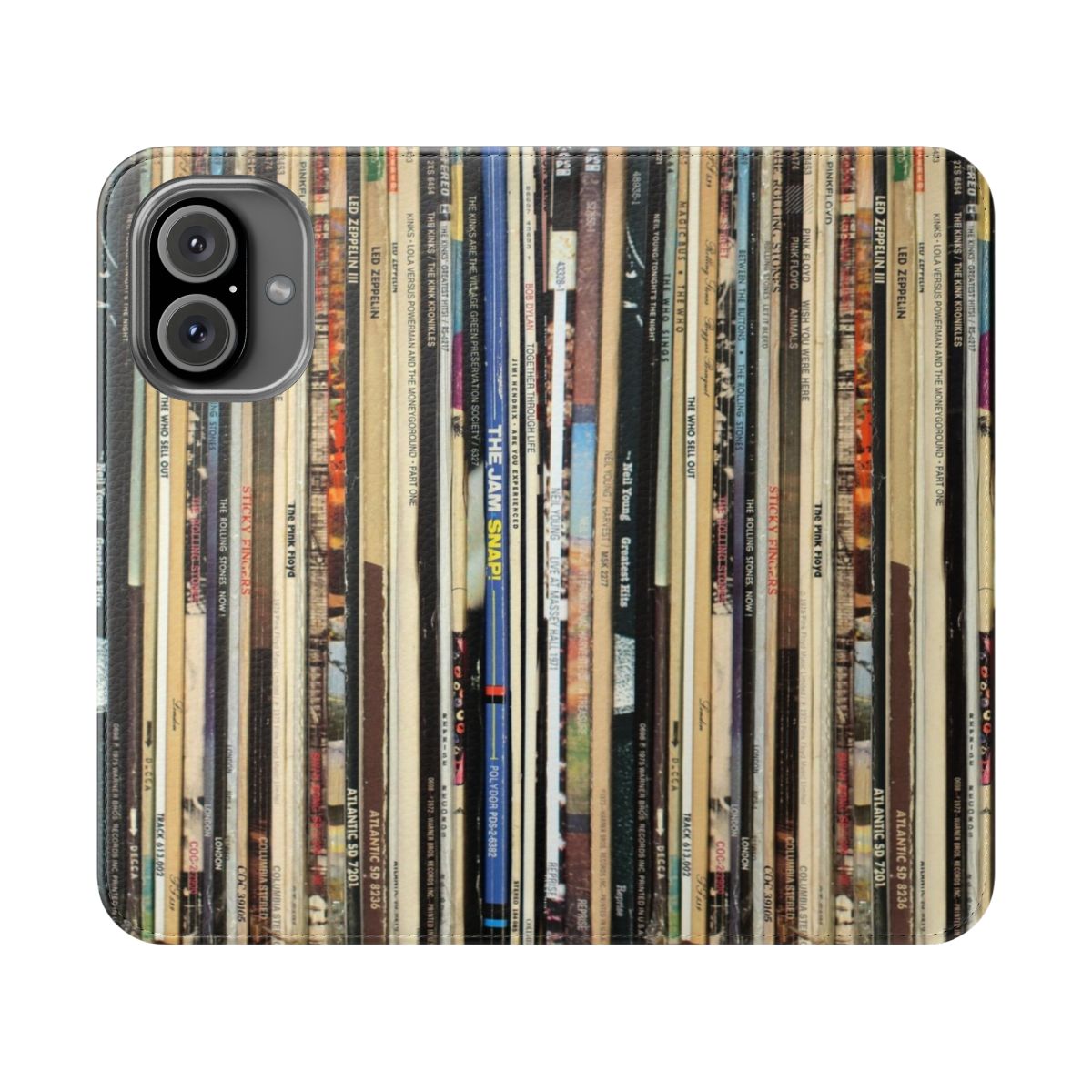 Vintage-inspired flip phone case featuring classic rock vinyl records design