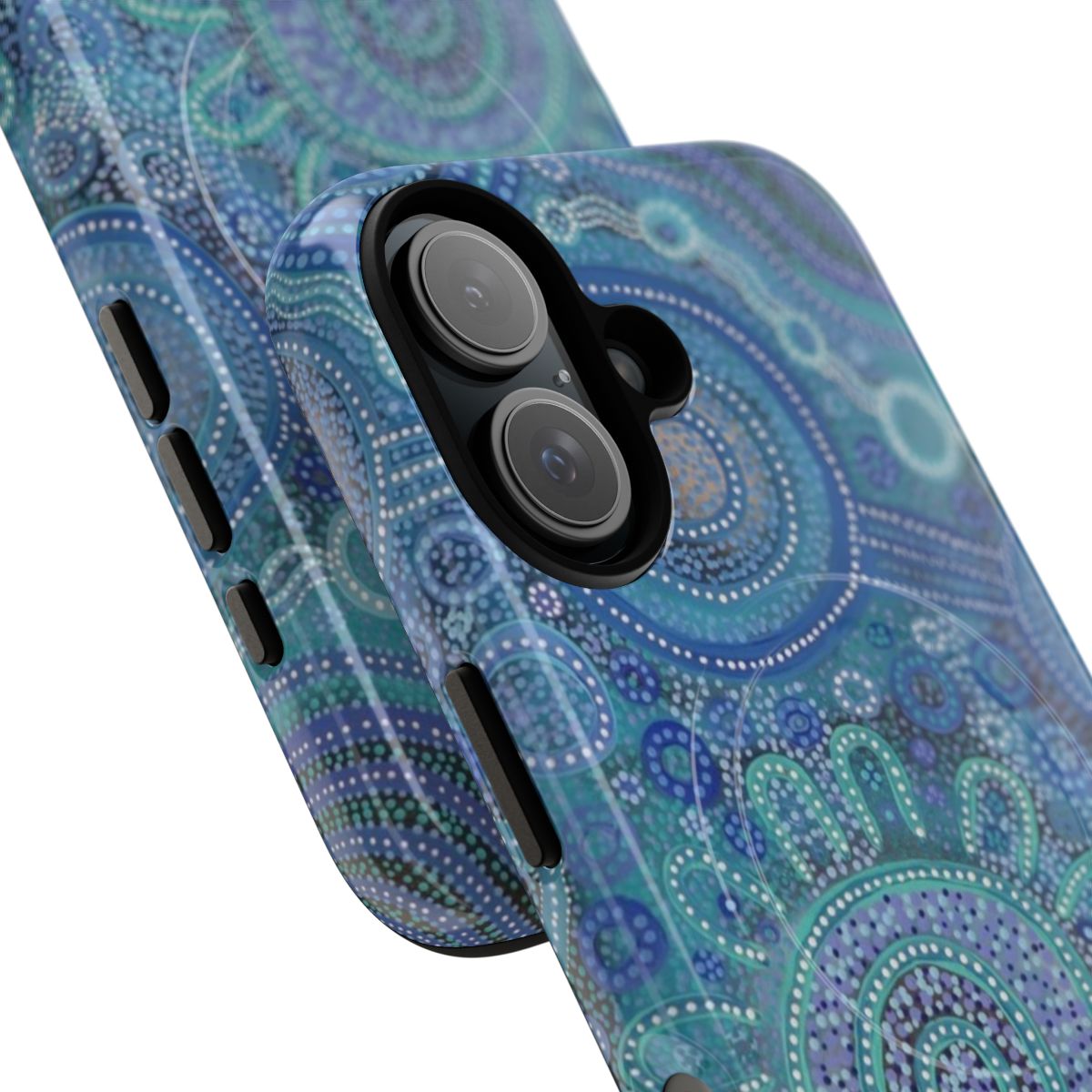 A blue and white phone case featuring an aboriginal-inspired design with a family gathering at the beach. - Detail