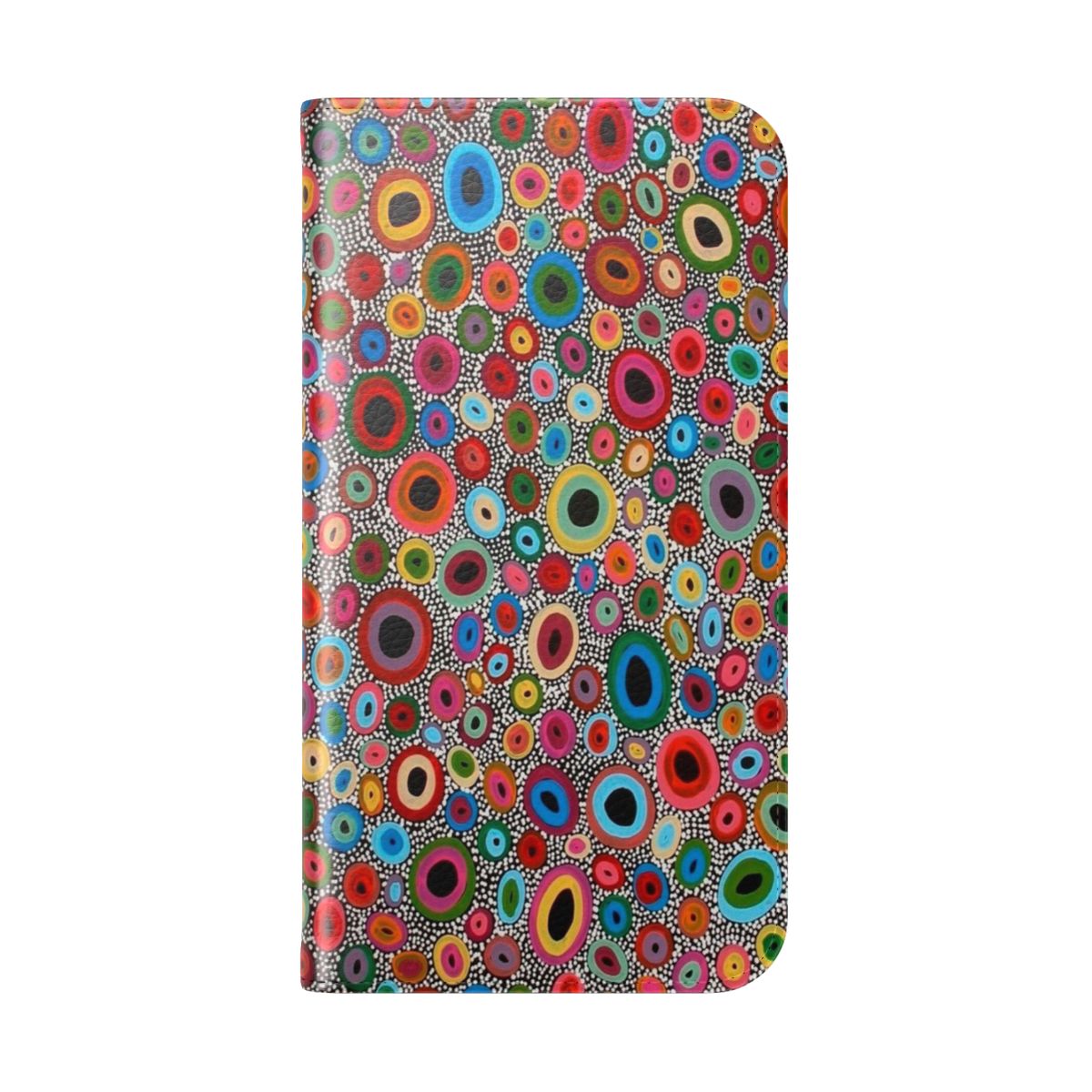 Flip phone case featuring vibrant aboriginal-inspired dot art design - Folded Back