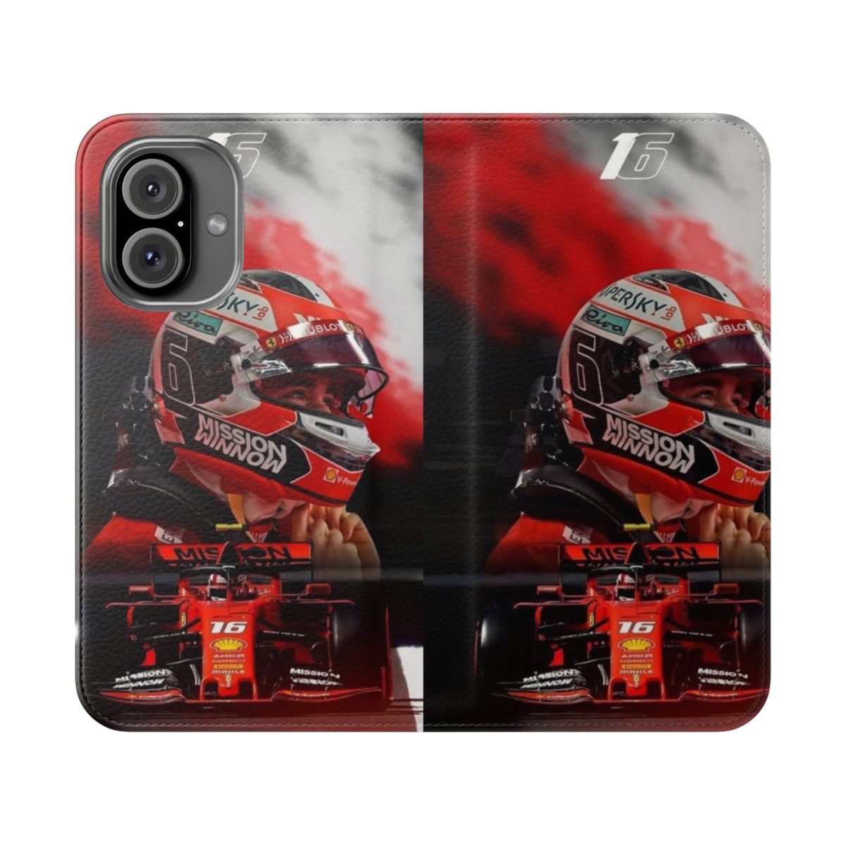 Colorful illustration of Formula 1 driver Charles Leclerc on a protective phone case cover