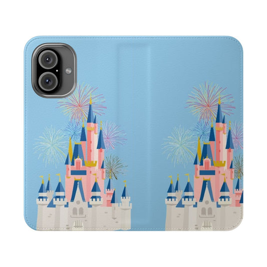 Enchanting castle flip phone case with magical sparkles and fireworks