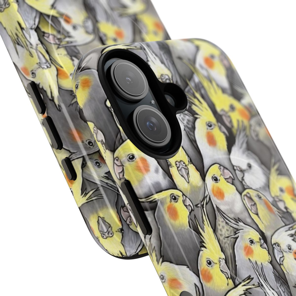 Colorful phone case featuring a pattern of adorable cockatiels and other Australian birds - Detail