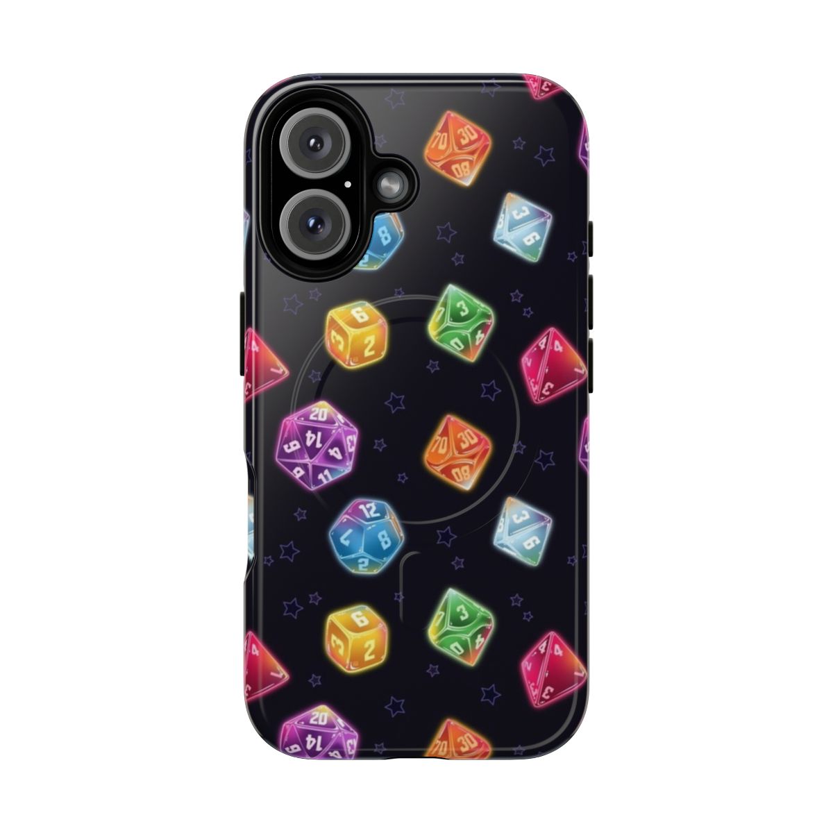 Colorful and retro-inspired magnetic phone case with dice and fantasy design