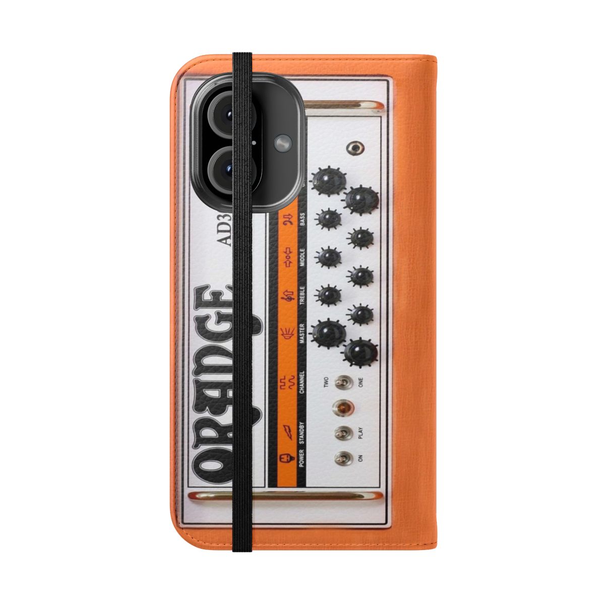 Orange retro-style phone case with graphics resembling a classic guitar amplifier - Folded Front