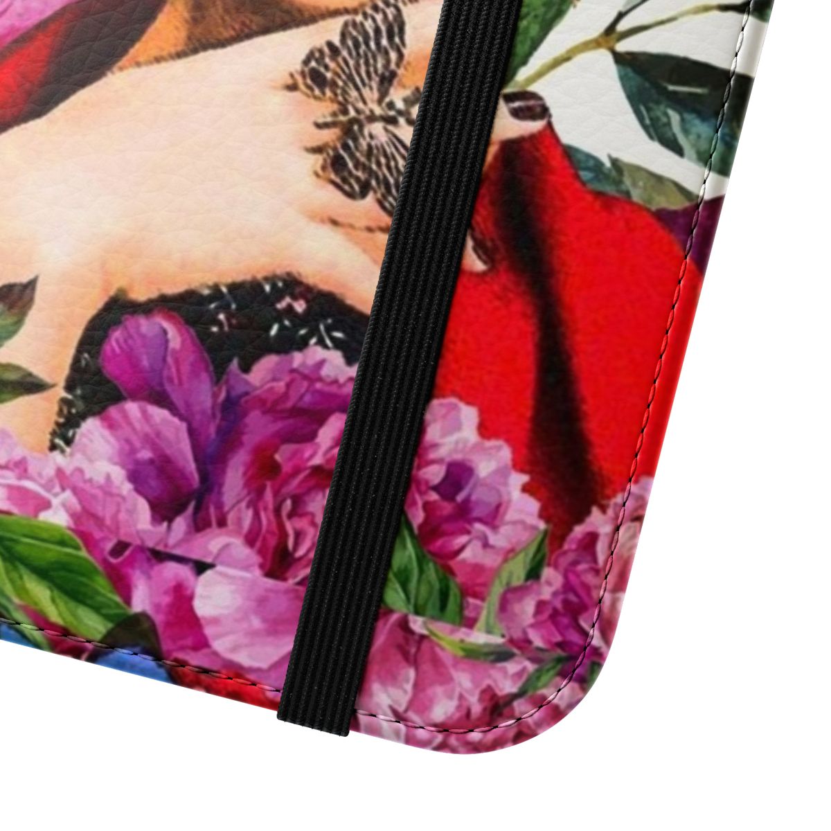 Vibrant phone case with Frida Kahlo-style flowers, birds, and butterflies - Close Up