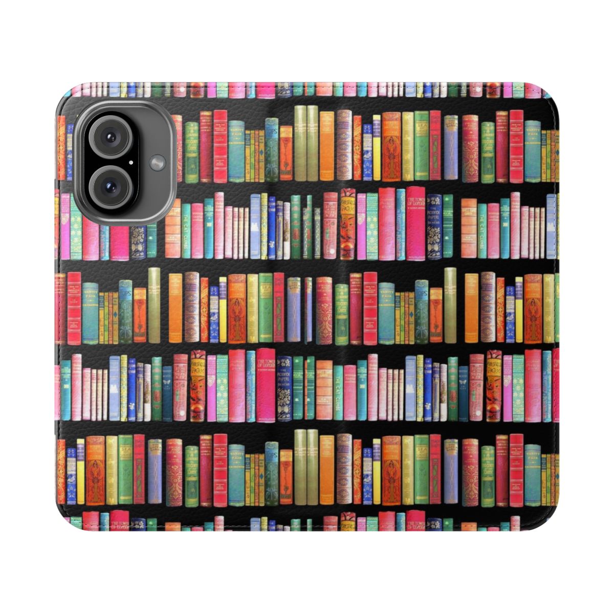 Vintage book-themed flip cover phone case with antique bookshelf design for book lovers and bibliophiles