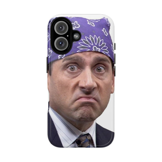 An illustrated phone case featuring the character Prison Mike from the TV show The Office.